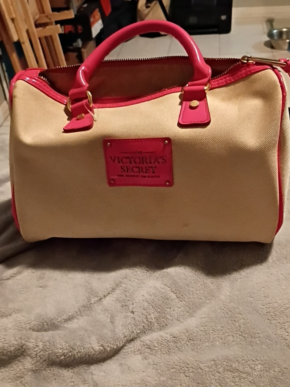 Victoria's Secret Cream Canvas Travel Bag with Pink Trim